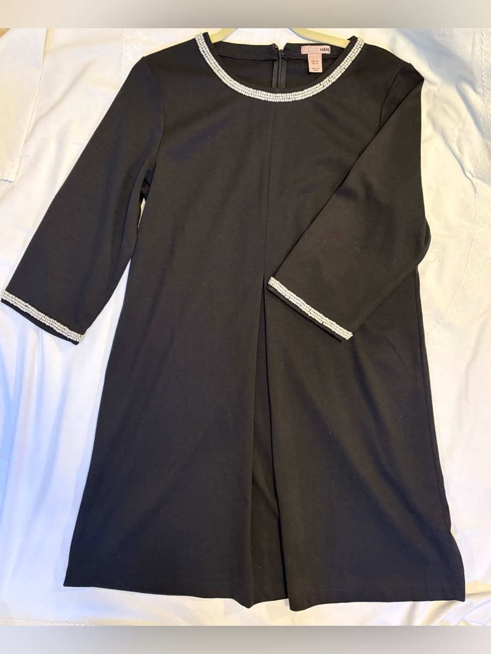 H&M black mini dress with faux pearl trim, vintage-inspired